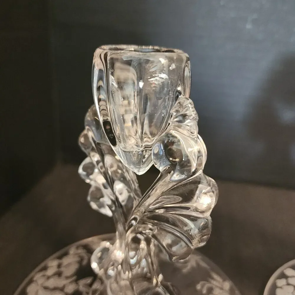 Florentine New Martinsville Pair Candlesticks Etched Elegant Depression Glass